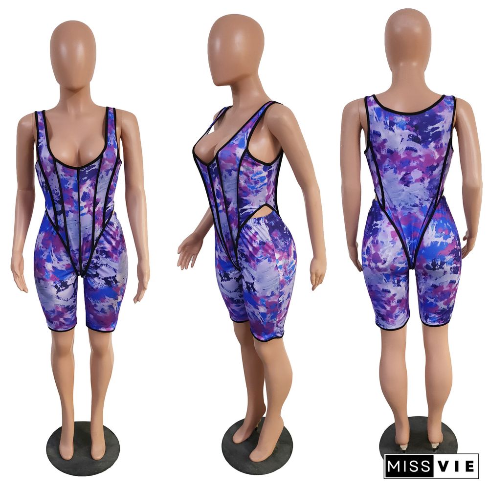 Fashion Digital Print Sleeveless Onesies+Shorts Two-piece