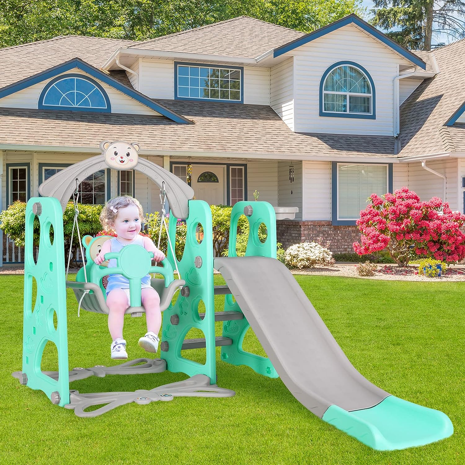 Swing Slide Baby Kids Swing Slide Climber Set Playset Playground Set with Basketball Hoop and Ball