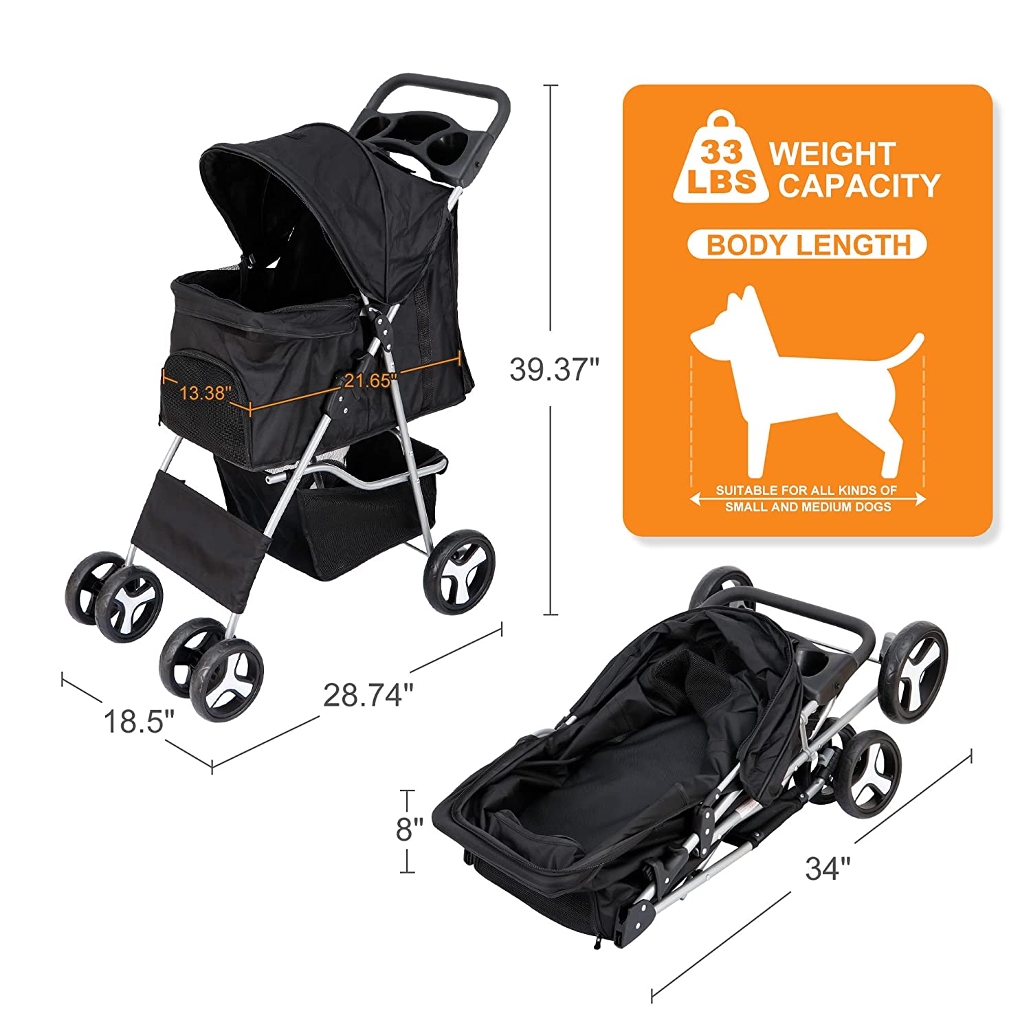 4 Wheel Dog Stroller for Small Medium Dogs and Cats Easy to Walk Foldable Carrier Strolling Cart with Storage Basket and Cup Holder