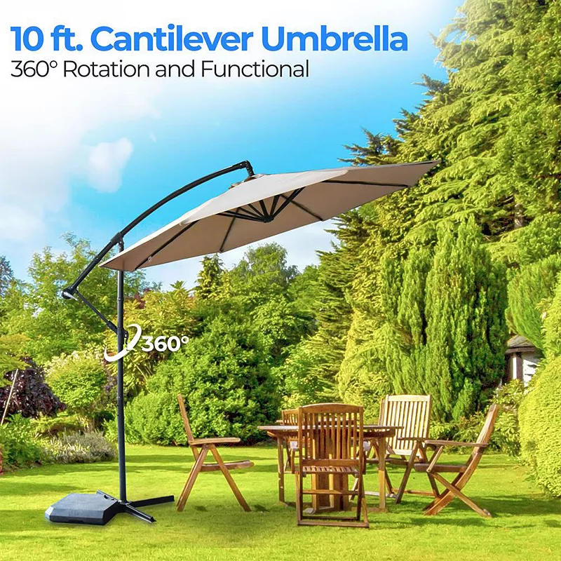 Serenelife 10 Foot Hanging Patio Umbrella With Push Button Tilt， Crank And Base