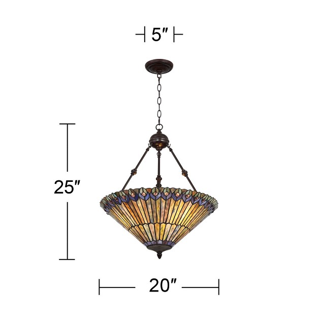 Wide Rustic Peacock Stained Art Glass 3 light Fixture For Dining Room House Kitchen Island Entryway