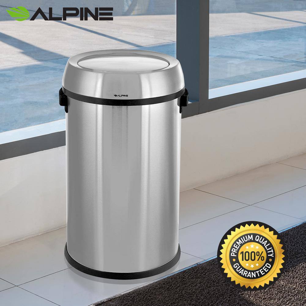 Alpine Industries 17 Gal. Stainless Steel Heavy-Gauge Brushed Open Top Commercial Trash Can with Swivel Lid Cover 470-65L-PKG