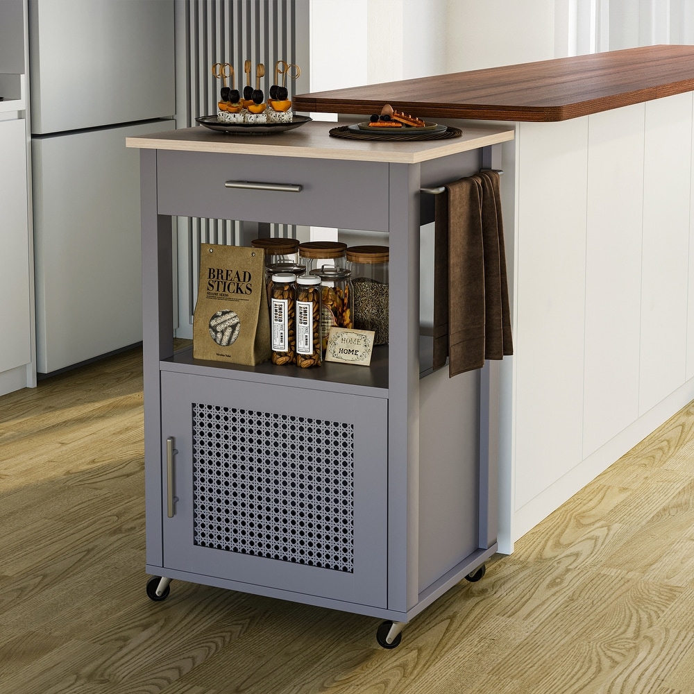 Rolling Rattan Kitchen Cart with Single Door Cabinet and Storage Shelf