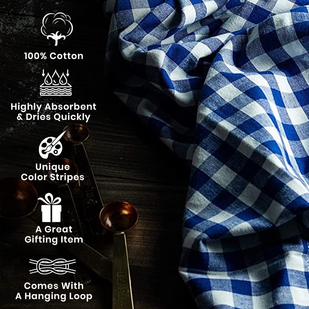 Cotton Carnival Set of 6 Kitchen Dish Towels， Plaid 100% Cotton Kitchen Towels， with Hanging Loop， Dishcloth Sets for Drying Dishes， Tea Towels 18*28， Gingham Check， Royal Blue and White