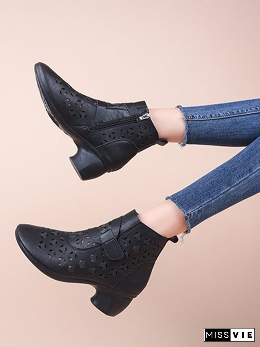 Vintage Cutout Chunky Heel Boots