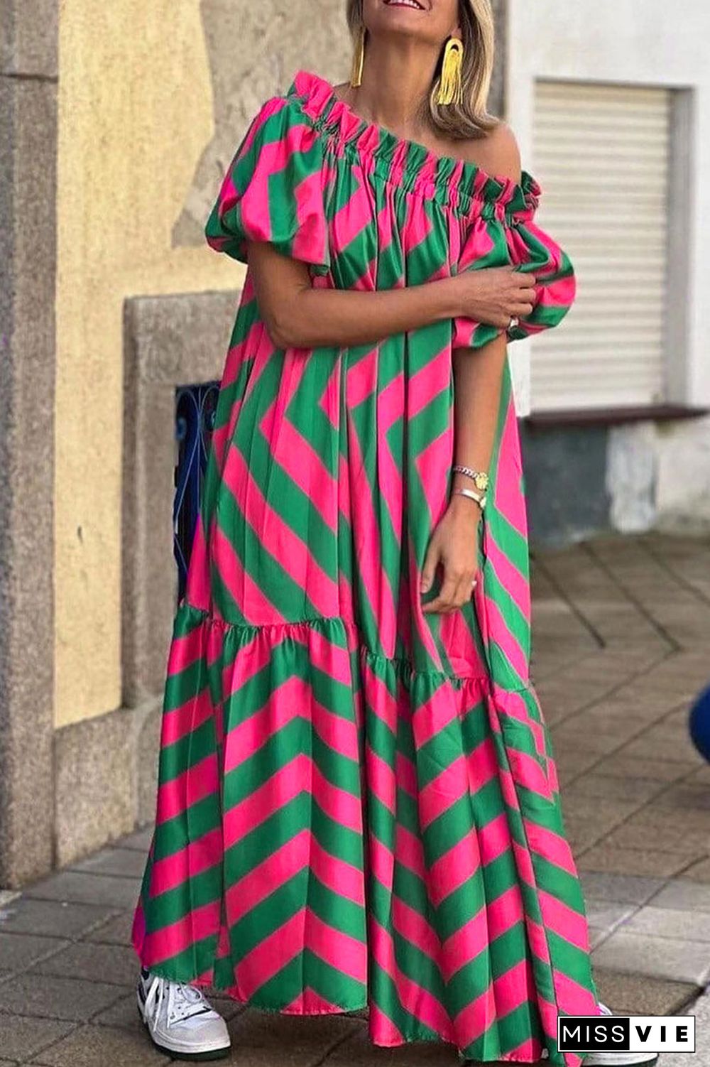 Casual Striped Contrast Off the Shoulder Printed Dresses