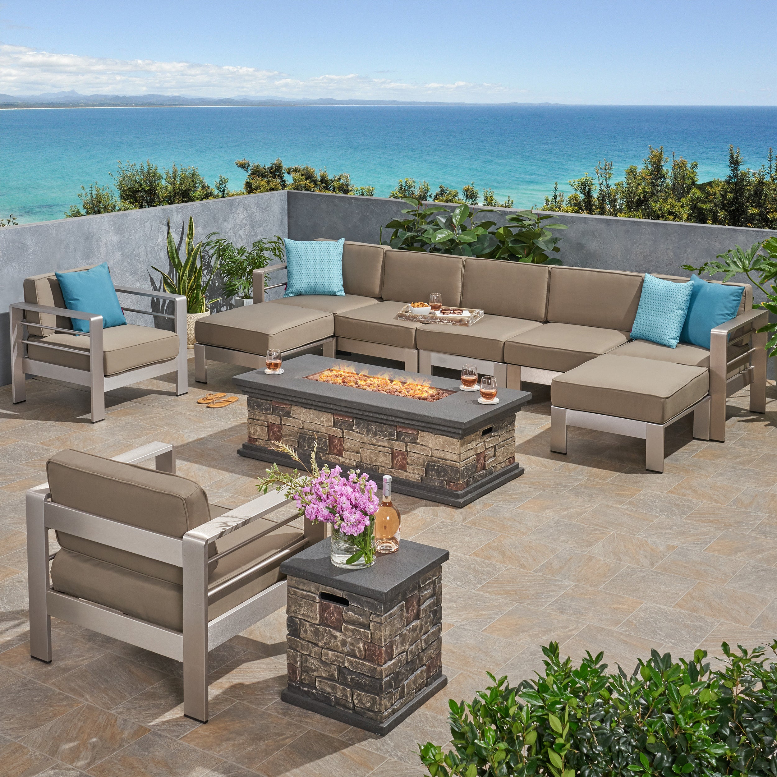 Danae Coral Outdoor 7 Seater Extended Aluminum Chat Set with Fire Pit