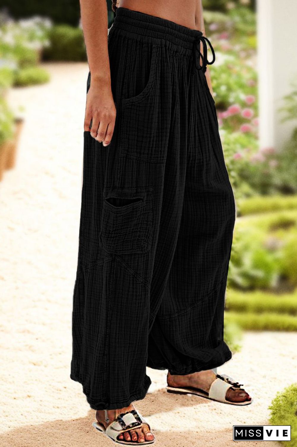 Solid Drawstring Hem Slant Pocket Mid Waist Wide Leg Pants