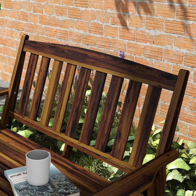 Outsunny Wood Outdoor Bench 2 person Garden Bench With Cupholder Armrests Slatted Seat And Backrest Park Bench For Patio Porch Lawn Carbonized