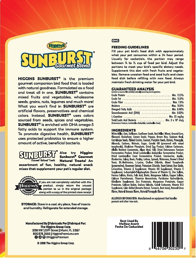 Higgins Sunburst Gourmet Blend Cockatiel Food