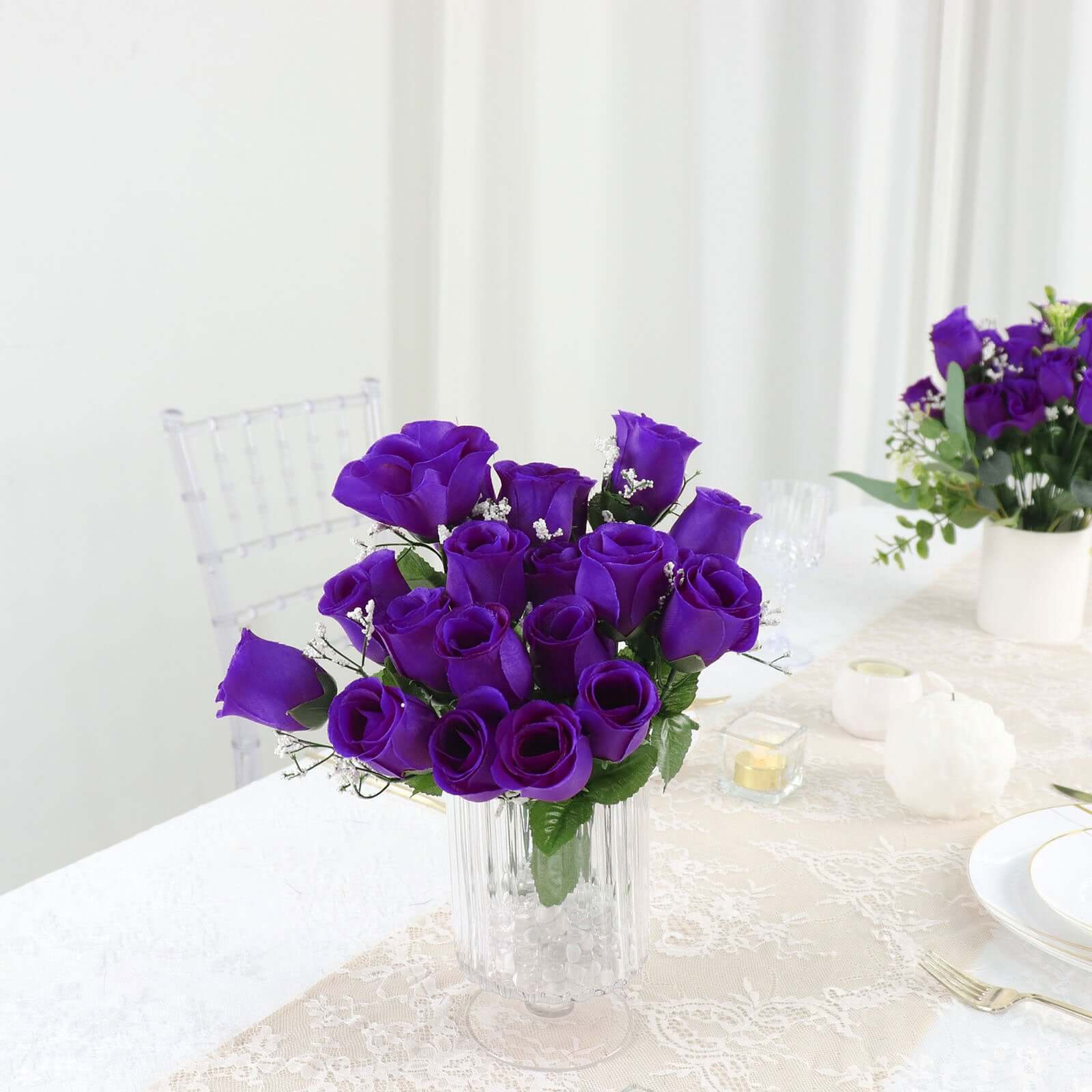 12 Bushes Purple Artificial Premium Silk Flower Rose Bud Bouquets