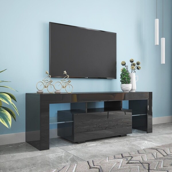 Black TV Stand with LED RGB Lights，Flat Screen TV Cabinet