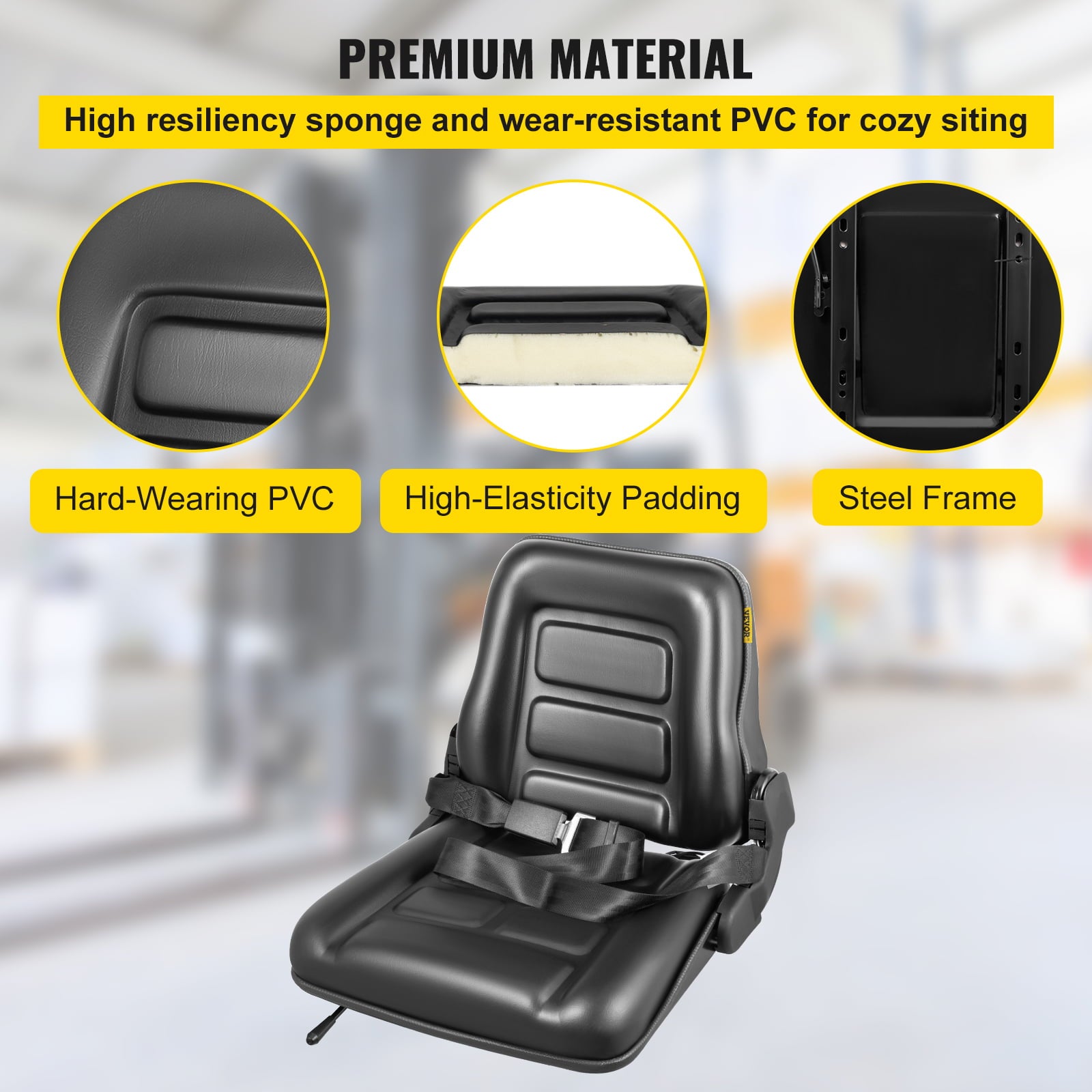 BENTISM Universal Forklift Seat PVC Tractor Seat AdjustableandFoldable W/ Seat Belt