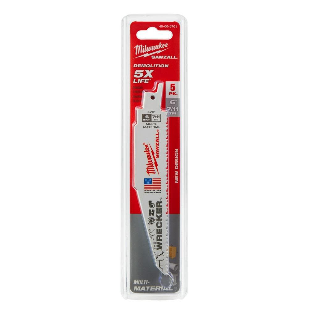 Milwaukee The Wrecker Multi-Material SAWZALL Blade 6 In. 7/11TPI 5 pk 48-00-5701 from Milwaukee