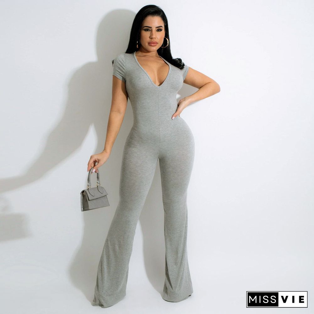 Short Sleeve V-neck Solid Flare Jumpsuit