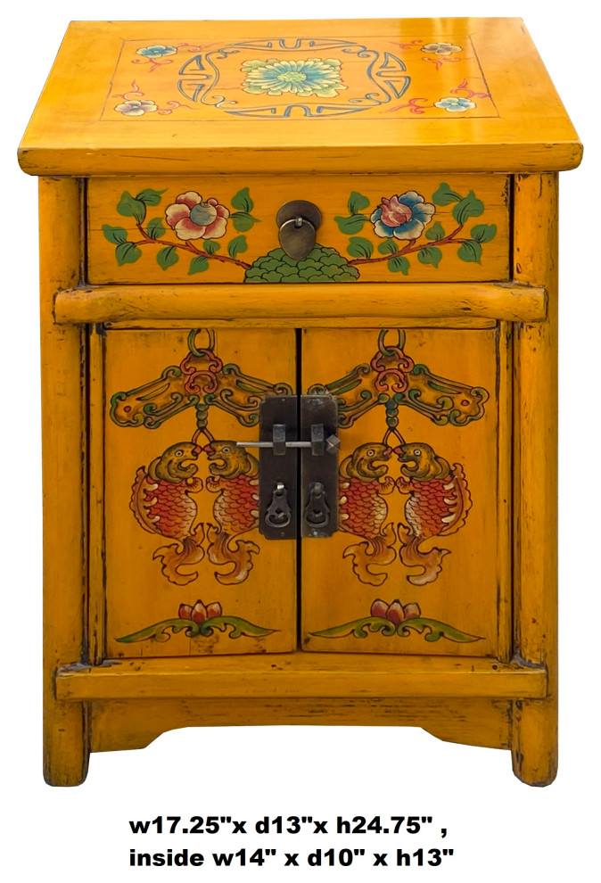 Chinese Distressed Mango Yellow Fishes Graphic End Table Nightstand Hcs7186   Asian   Side Tables And End Tables   by Golden Lotus Antiques  Houzz