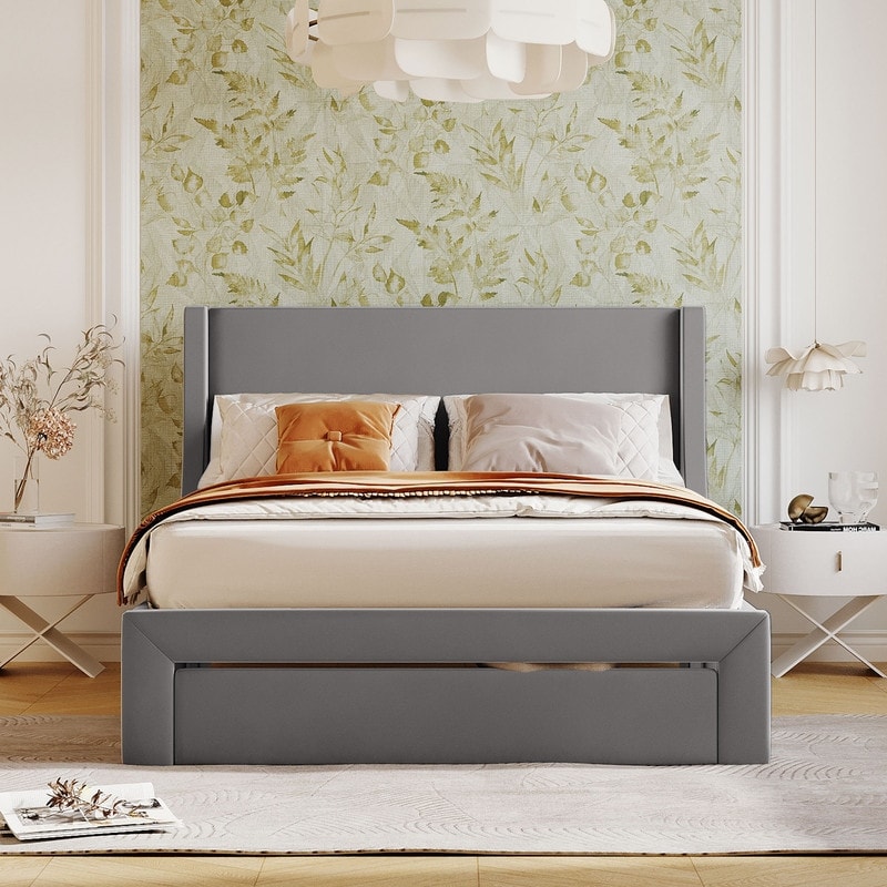 Full Size Bed Frame with A Storage Drawer  Velvet Upholstered Platform Bed with Wingback Headboard and Slat Support