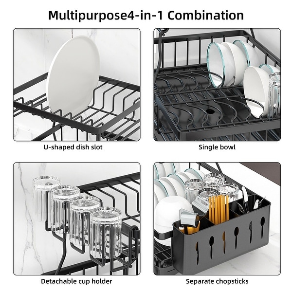 WZCPCV 2-Tier Dish Drying Rack， Rustproof Dish Drainer with Utensil Holder， Cup Holder and Drain