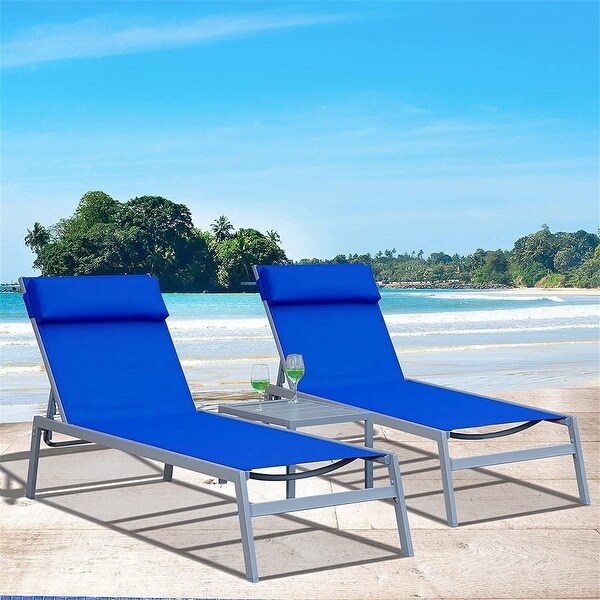 3-Piece Outdoor Chaise Lounge Adjustable Back with Table and Headrest - N/A - Overstock - 37952818