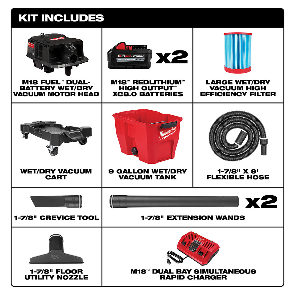 Milwaukee M18 FUEL Vacuum Kit 9 Gallon 36V Wet/Dry