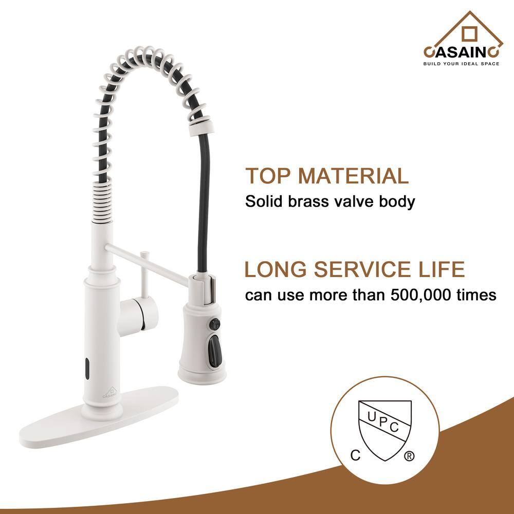 CASAINC Single Handle Spring Pull Down Sprayer Kitchen Faucet with Infrared Induction Function and Deck Plate in Matte White CA-W3052-MW