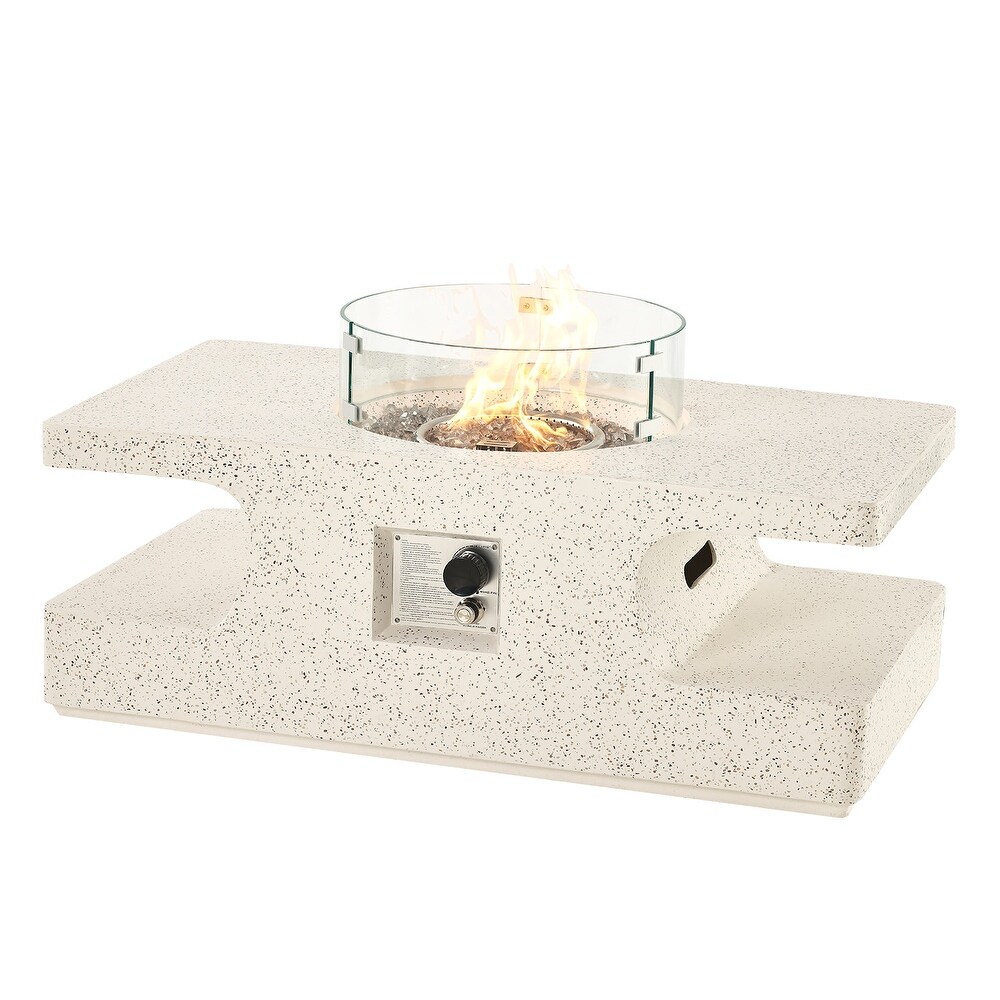 VENTOPYR White Patio Fire Pit Coffee Table with Wind Guard   Fire Glass