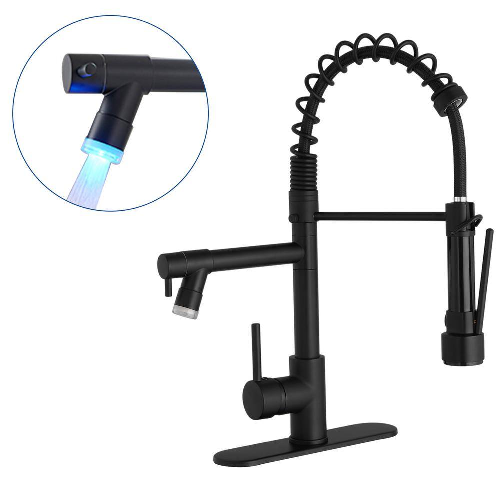 BWE Single Handle Deck Mount Pull Down Sprayer Kitchen Faucet with LED Light and Deck Plate in Matte Black A-9L4016-Black