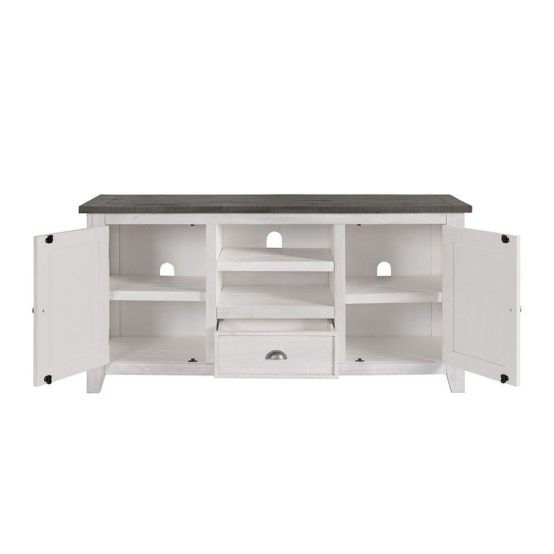 Coastal Wooden TV Stand with 2 Cabinets and 1 Drawer， White and Gray