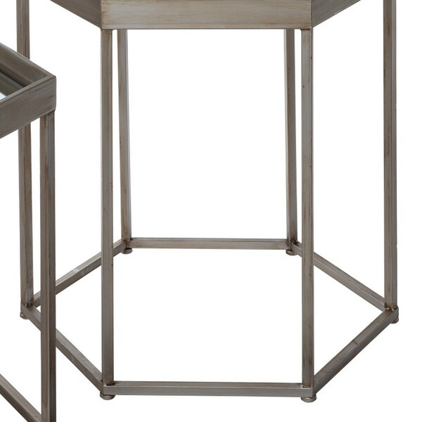 Side Table with Mirror Top and Metal Frame， Set of 2， Gray