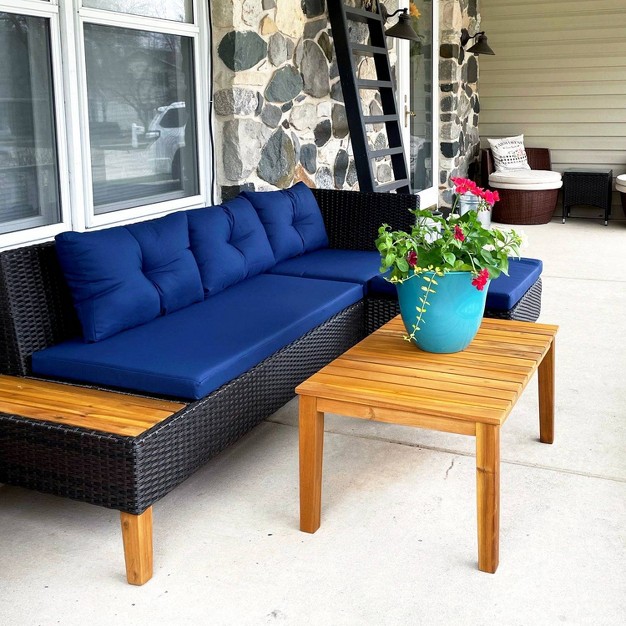 3pc Outdoor Acacia Wood Conversation Set With Sectional Sofa amp Cushions Captiva Designs