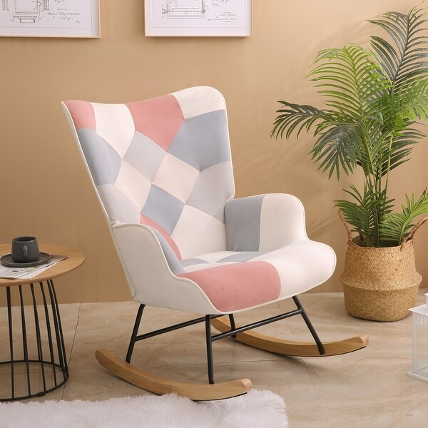 Fabric Rocker Chair with Wood Legs and Patchwork Linen