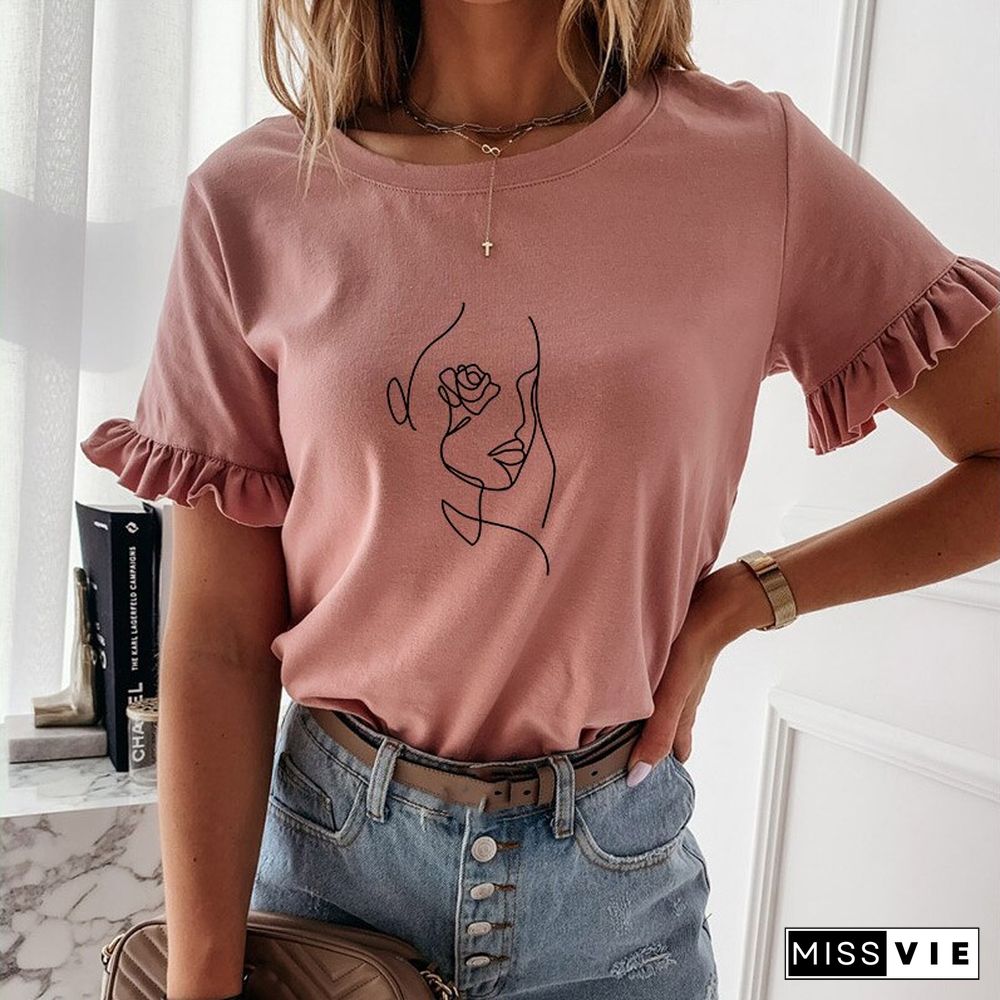 Casual Ruffles Short Sleeve Plus Size T Shirts Women Fashion Solid Face Print Loose T Shirt Spring Summer All-match Top Ladies