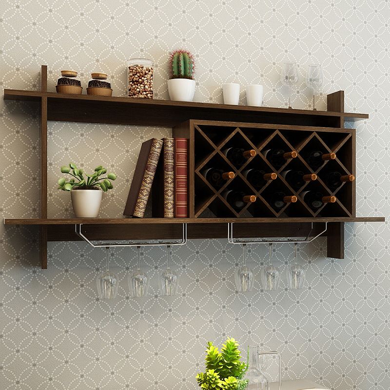 Wall Mount Wine Rack with Glass Holder and Storage Shelf-Walnut