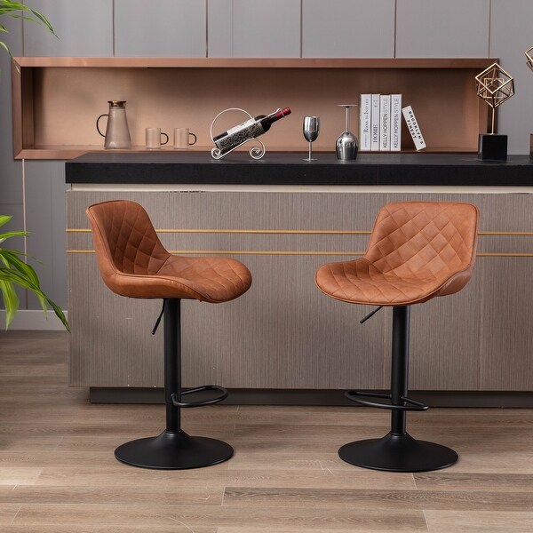 Modern Bar Stools Set of 2 Adjustable Mechanical Lifting PU and Black Leg Bar Stool， Chrome Footrest and Base Swivel Height