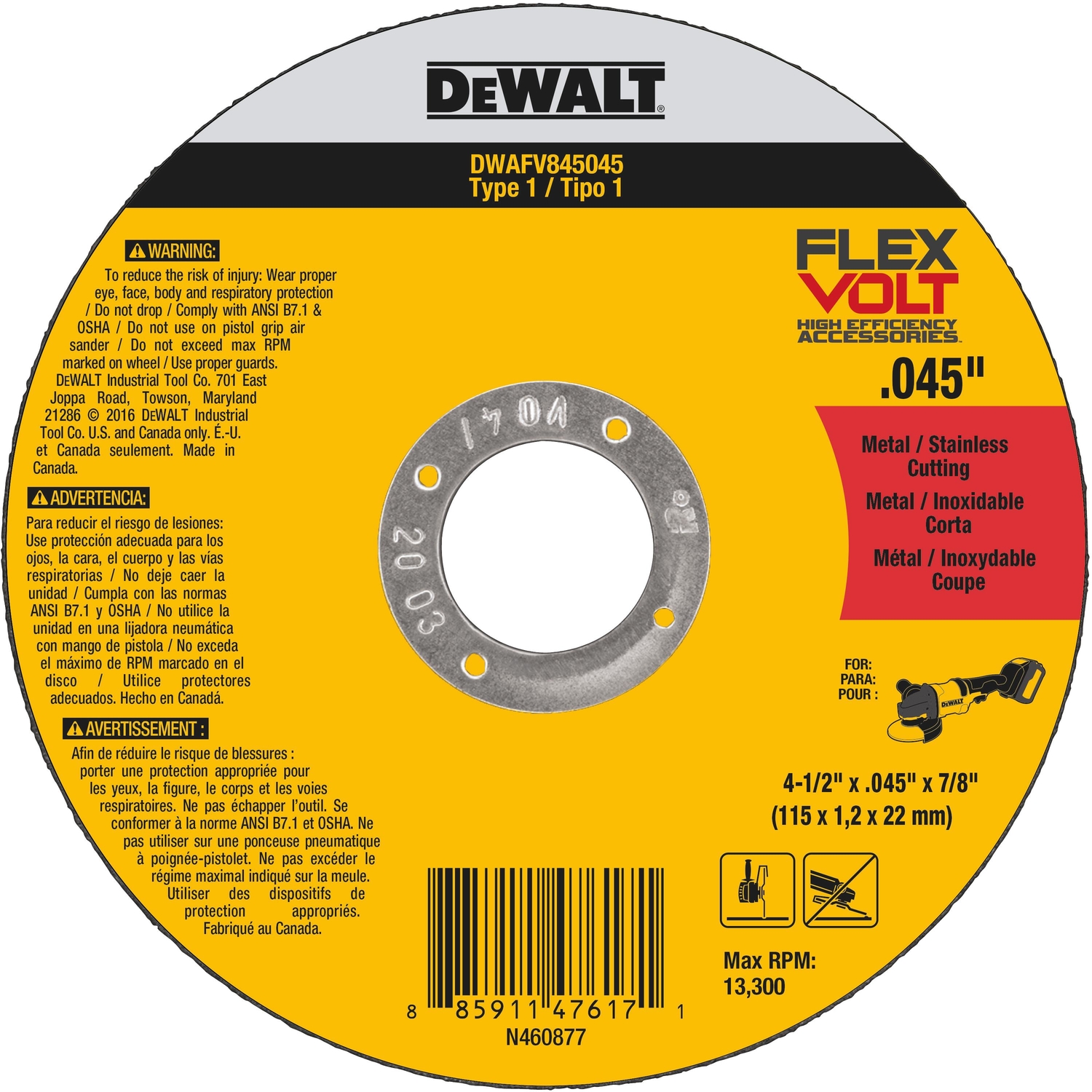 DW FlexVolt 4-1/2 in. D X 7/8 in. Ceramic Cut-Off Wheel 1 pc