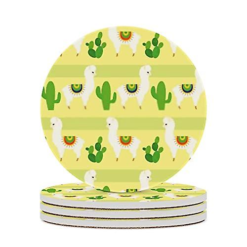 Round Drink Coasters 4 Pcs Funny Llama And Cactus Absorbent Ceramic Coaster With Cork Base For Coffee Cups Housewarming Gift For Home Decor