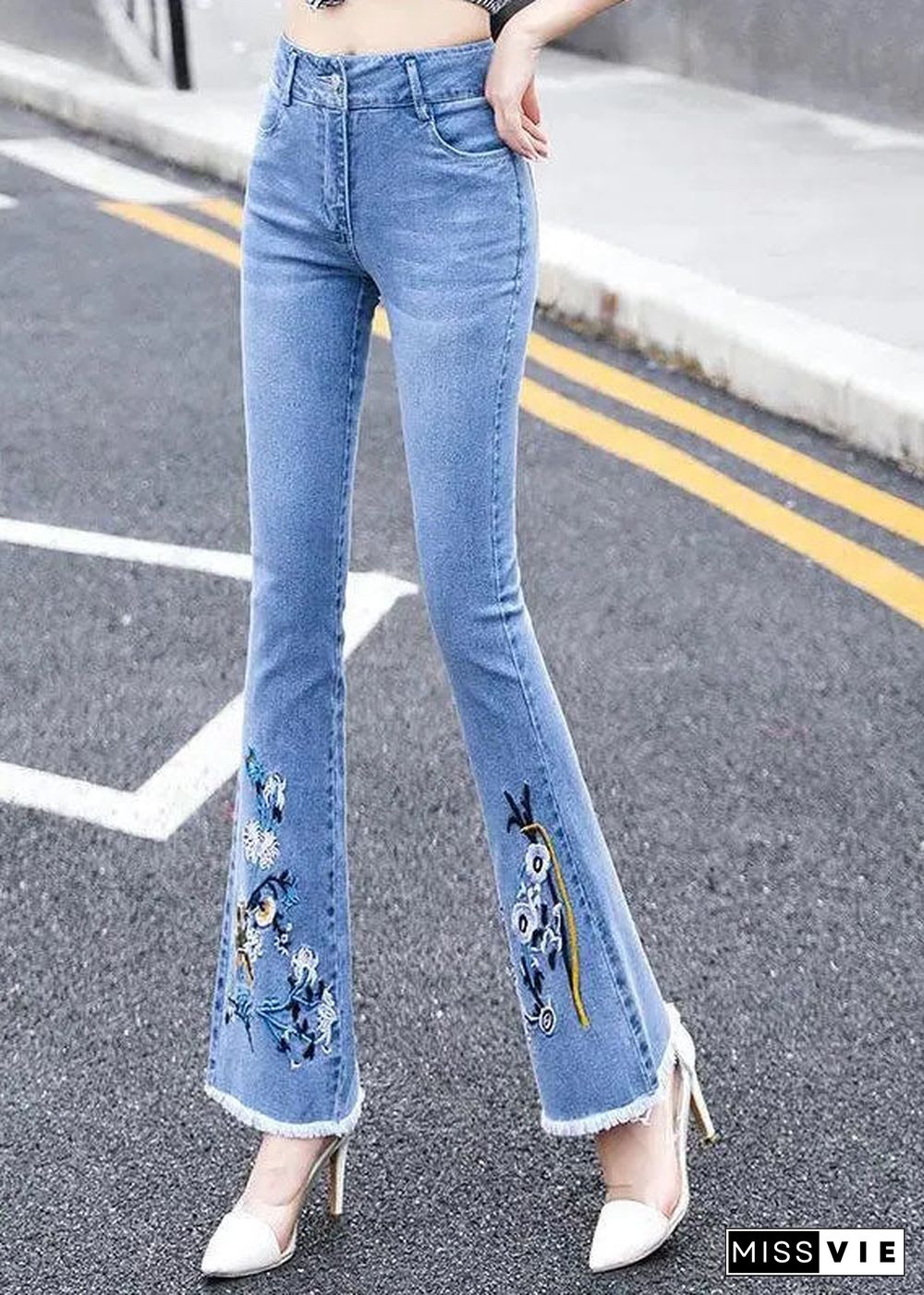 Classy Blue Slim Fit High Waist Embroideried Cotton Denim Flare Pants Summer