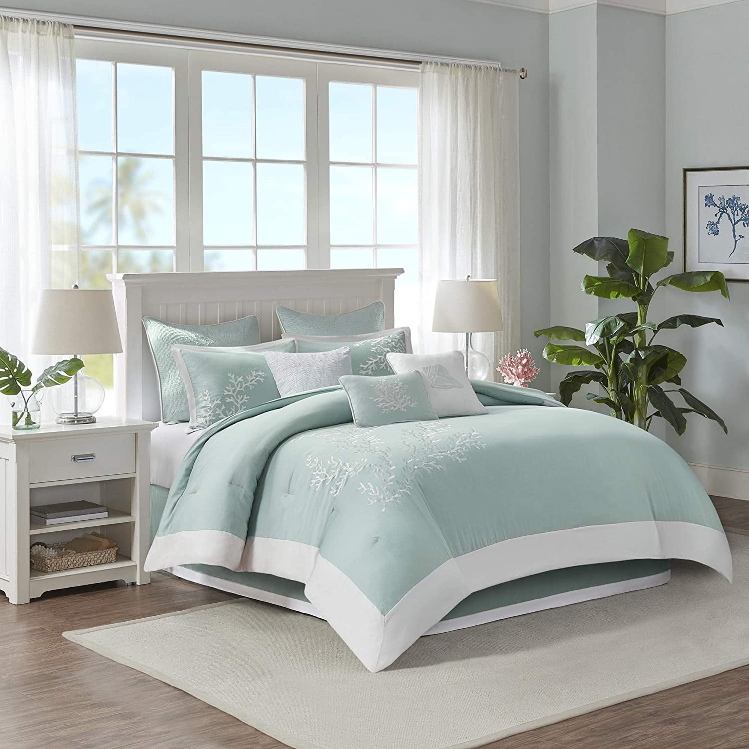 BBNBDMZ Cotton Comforter Set - Coastal Oceanic Sealife Design  All Season Down Alternative Bedding with Matching Shams  Bedskirt  King(110&#34;x96&#34;)  Coastline  Coral Aqua  4 Piece