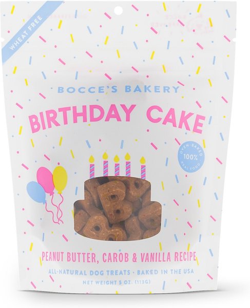 Bocce's Bakery Birthday Peanut Butter， Molasses and Vanilla Cake Dog Treats， 5-oz bag