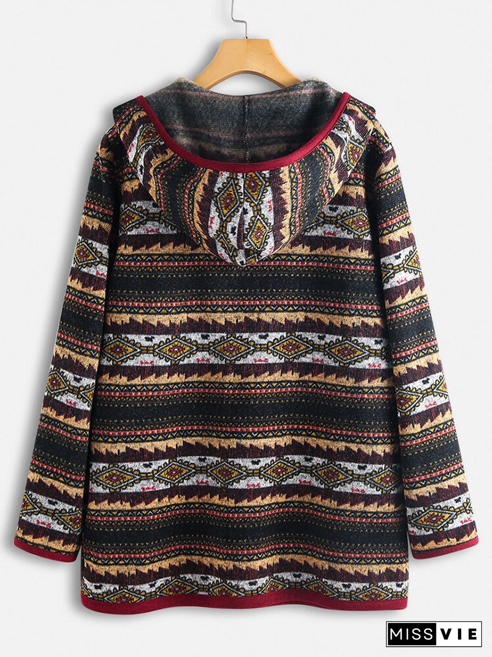 Ethnic Print Patchwork Long Sleeve Hooded Jacket For Women