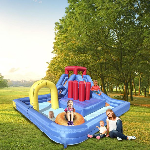 Summer Large Inflatable Bounce House Castle, Water Fun Slide Pool, 420D Oxford Cloth PVC Without Fan With Nozzle Arch-Dark Blue