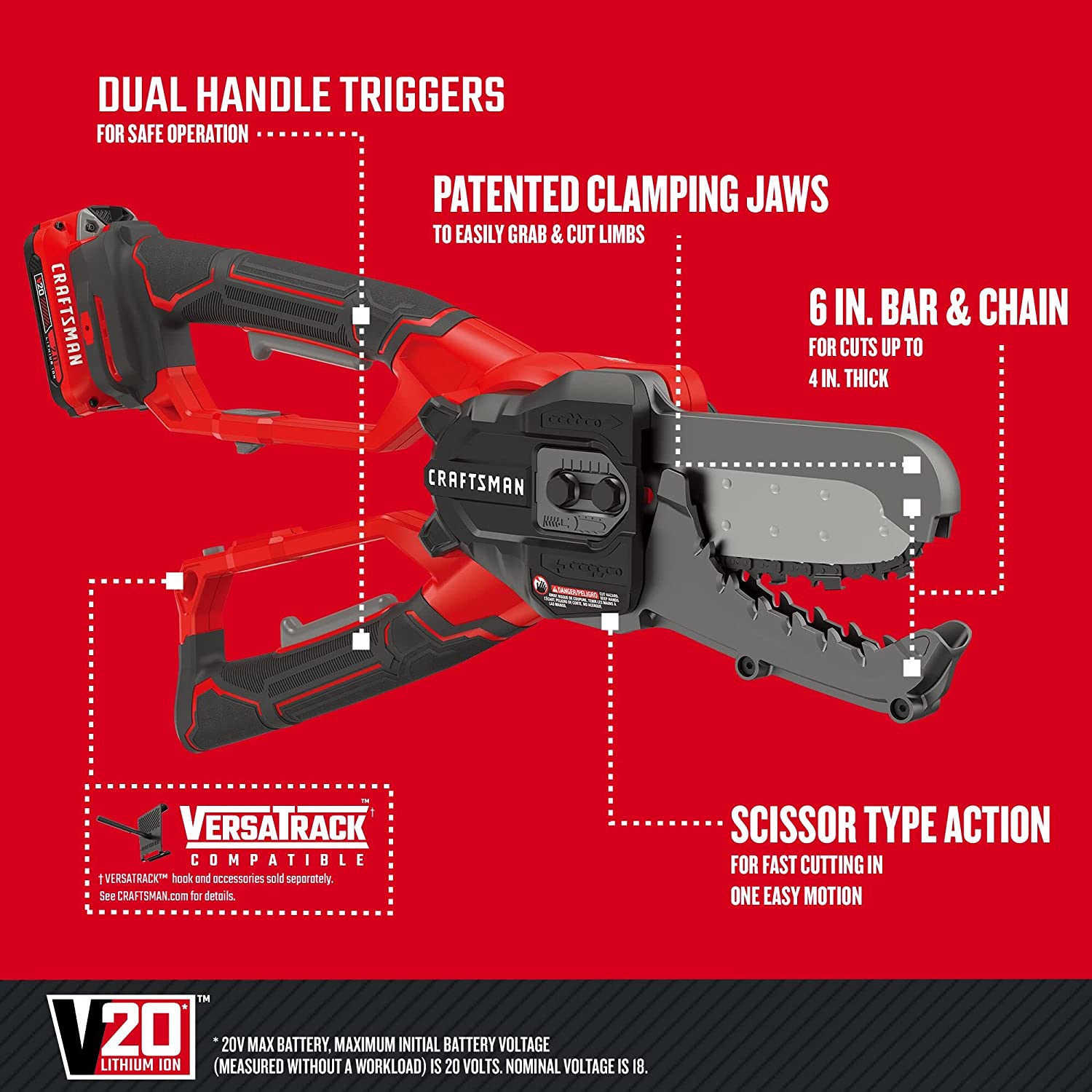 CRAFTSMAN V20 Cordless Lopper， 6 inch， Battery and Charger Included (CMCCSL621D1)， Red