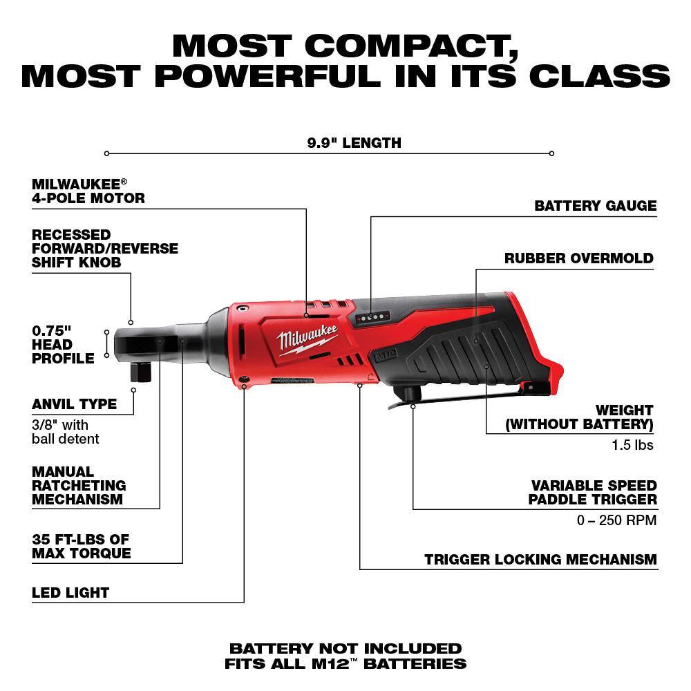 MW M12 FUEL 12V Lithium-Ion Brushless Cordless 14 in. Right Angle Die Grinder and 38 in. Ratchet with 2 Batteries 2485-20-2457-20-48-11-2420-48-11-2420