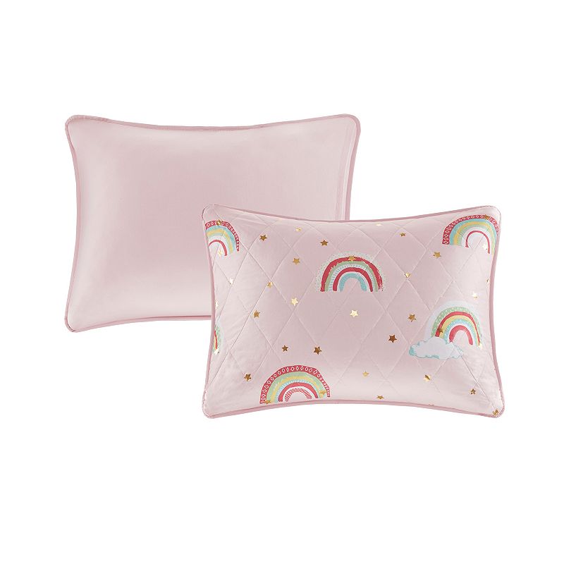 Mi Zone Kids Mia Rainbow and Metallic Stars Reversible Quilt Set with Throw Pillow