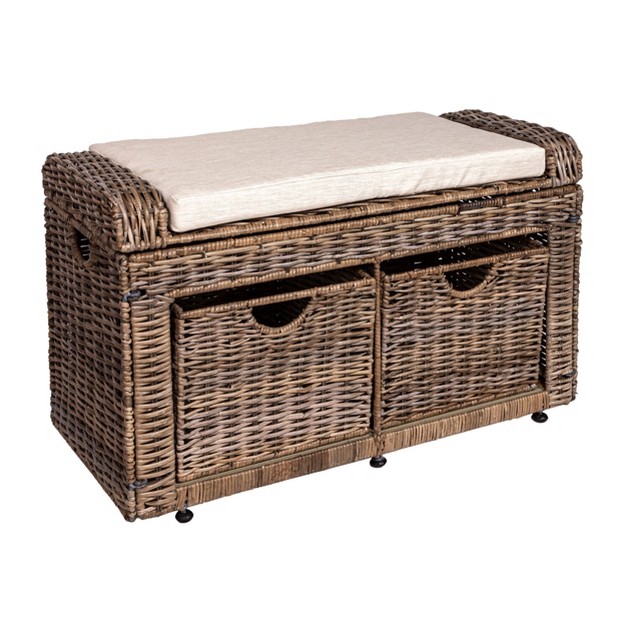 2 Drawer Wicker Storage Bench Gray