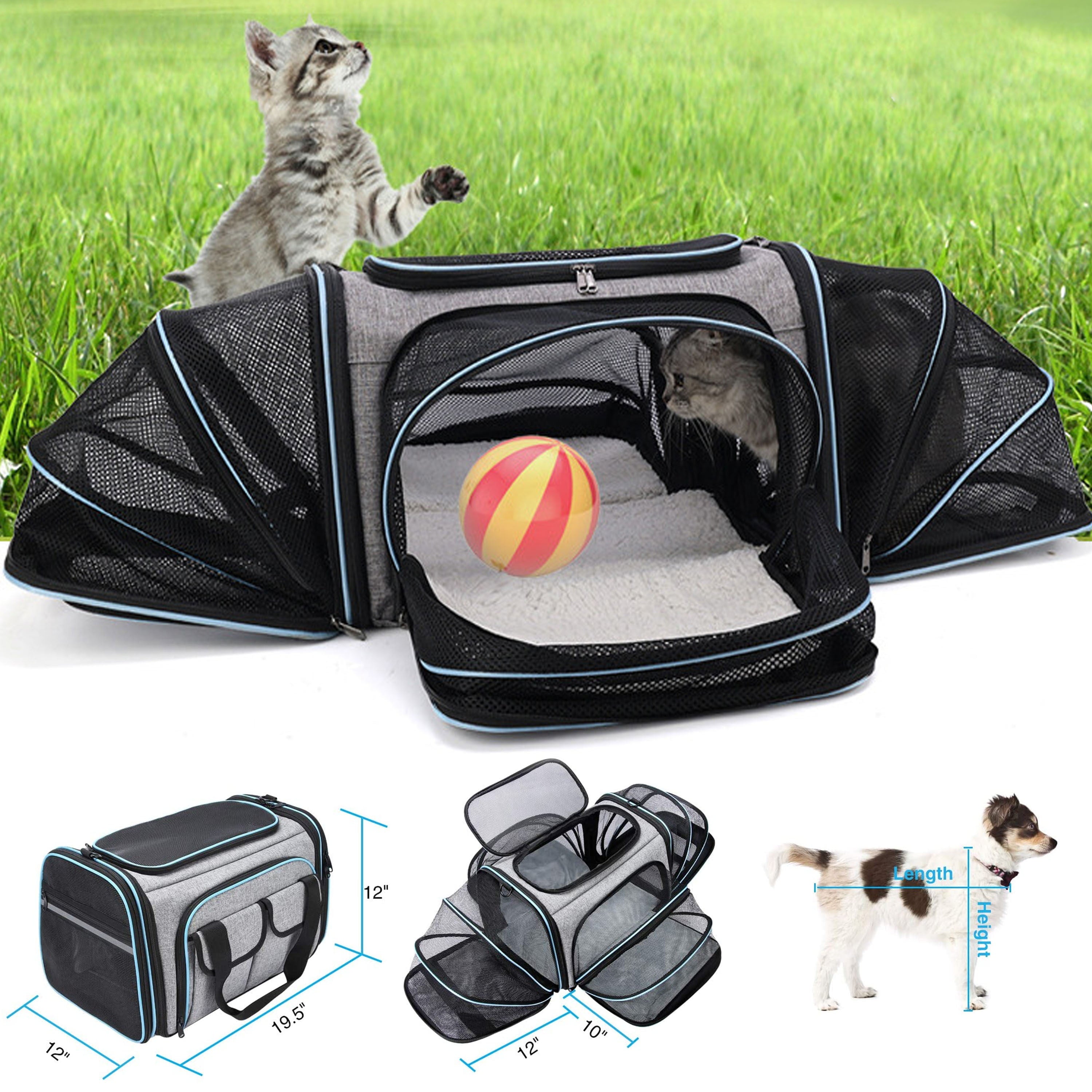 Pet Carrier Airline Approved， Large Soft Sided Pet Travel TSA Carrier 4 Sides Expandable Cat Collapsible Carrier with Removable Fleece Pad and Pockets for Cats Dogs and Small Animals