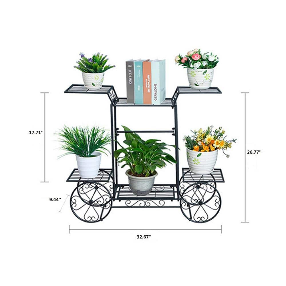 YIYIBYUS 26.77 in. H x 32.67 in. W OutdoorIndoor Black Metal Plant Stand Cart Shaped Flower Pot Holder HG-HCXLST-3226