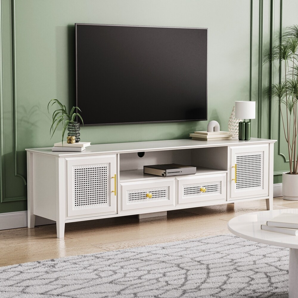 Rattan TV Stand Gold Metal Handles for Tvs Up to 65\