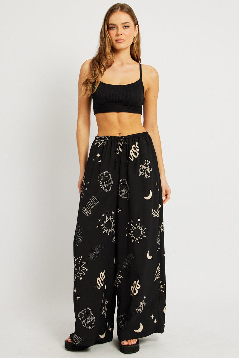 Black Abstract Wide Leg Pants High Rise