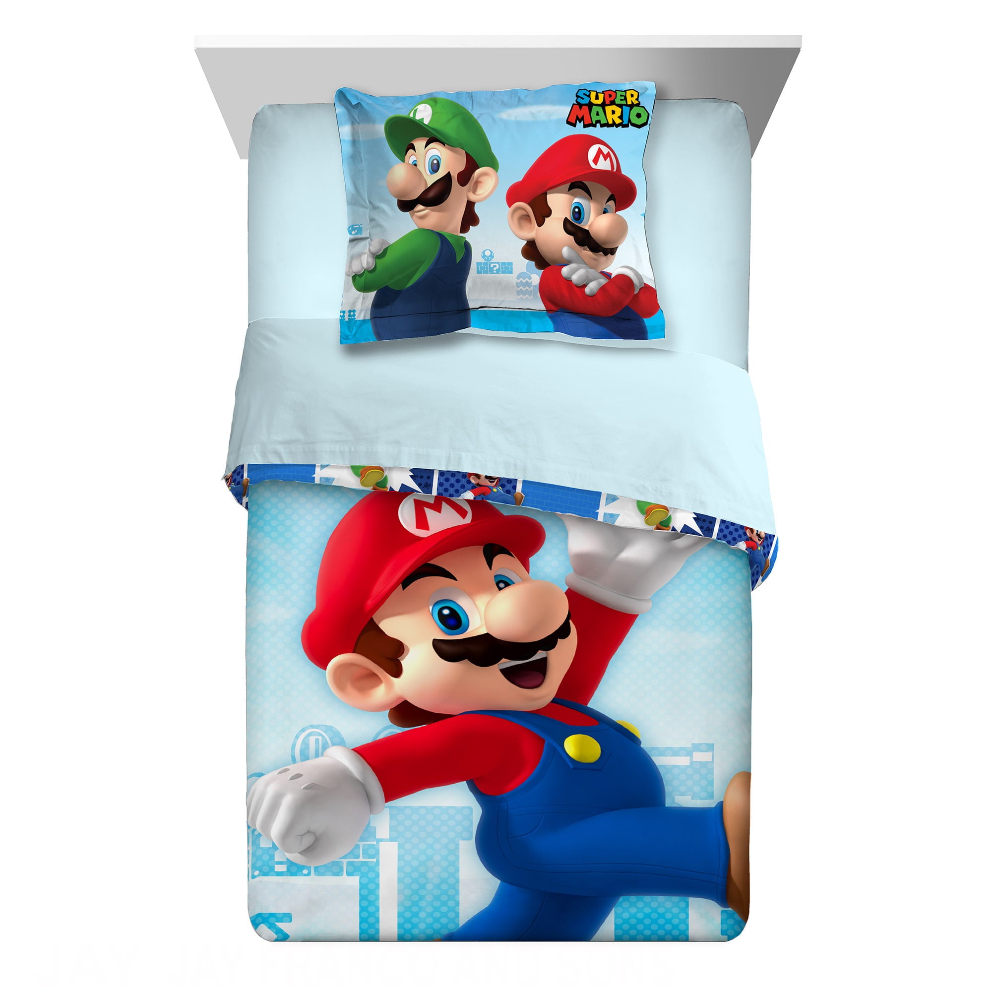 Super Mario Kids Twin Comforter and Sham， 2-Piece Set， Gaming Bedding， Reversible， Blue